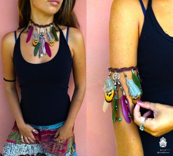 boho feathers armband choker 2 in 1 jewelry Handmade boho hippie jewelry WanderJewelry by KrisWanderer