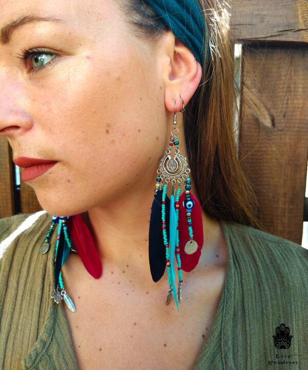 boho colorful feathers earrings handmade boho hippie jewelry