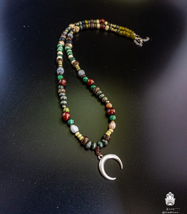 Boho silver crescent moon necklace for men beaded necklace handmade boho hippie jewelry WanderJewellery by KrisWanderer
