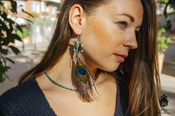 boho peacock feather bull earring handmade boho hippie jewelry WanderJewellery by KrisWanderer