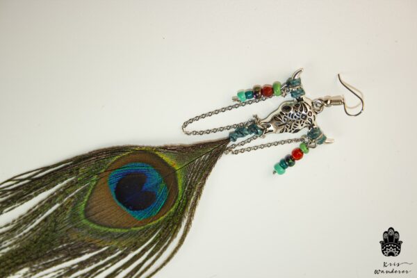 boho peacock feather bull earring handmade boho hippie jewelry WanderJewellery by KrisWanderer