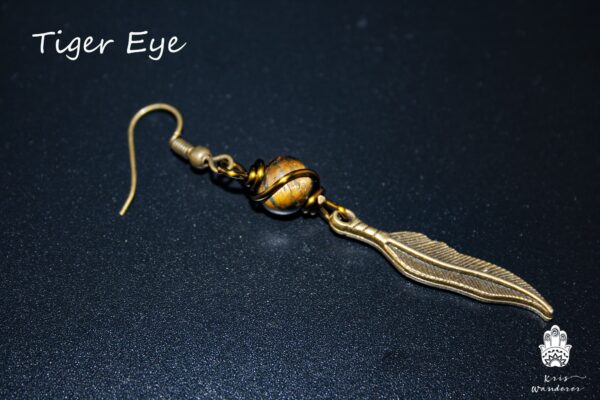 bronze feather pirate earring tiger eye stone handmade boho hippie jewelry