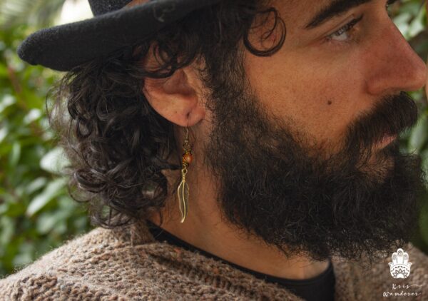 bronze feather pirate earring citrine stone handmade boho hippie jewelry