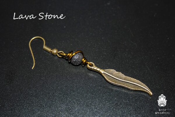 bronze feather pirate earring lava stone handmade boho hippie jewelry