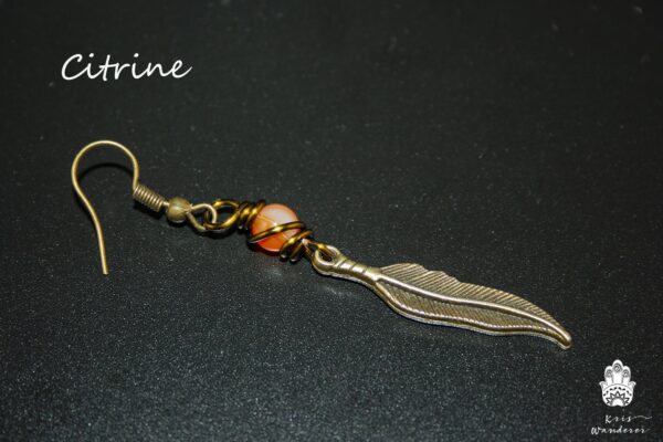 bronze feather pirate earring citrine stone handmade boho hippie jewelry