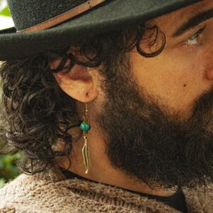 bronze feather pirate earring jade stone handmade boho hippie jewelry