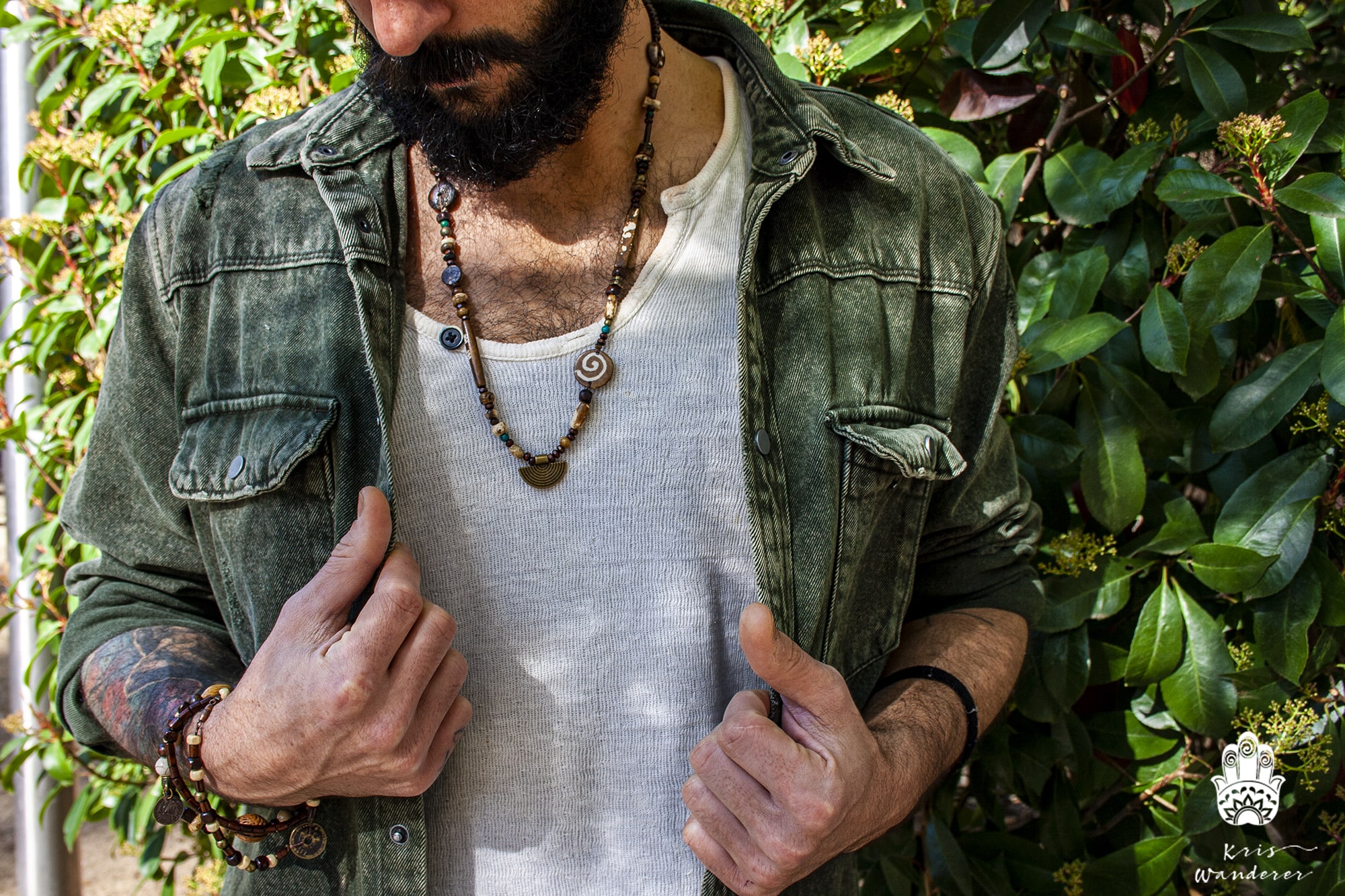 tribal wooden beads bone necklace for men