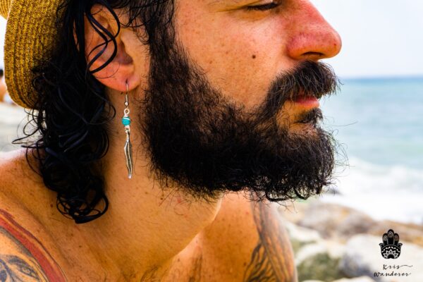 Mens Feather Metal Pirate Earring With Natural Stone - WanderJewellery by KrisWanderer