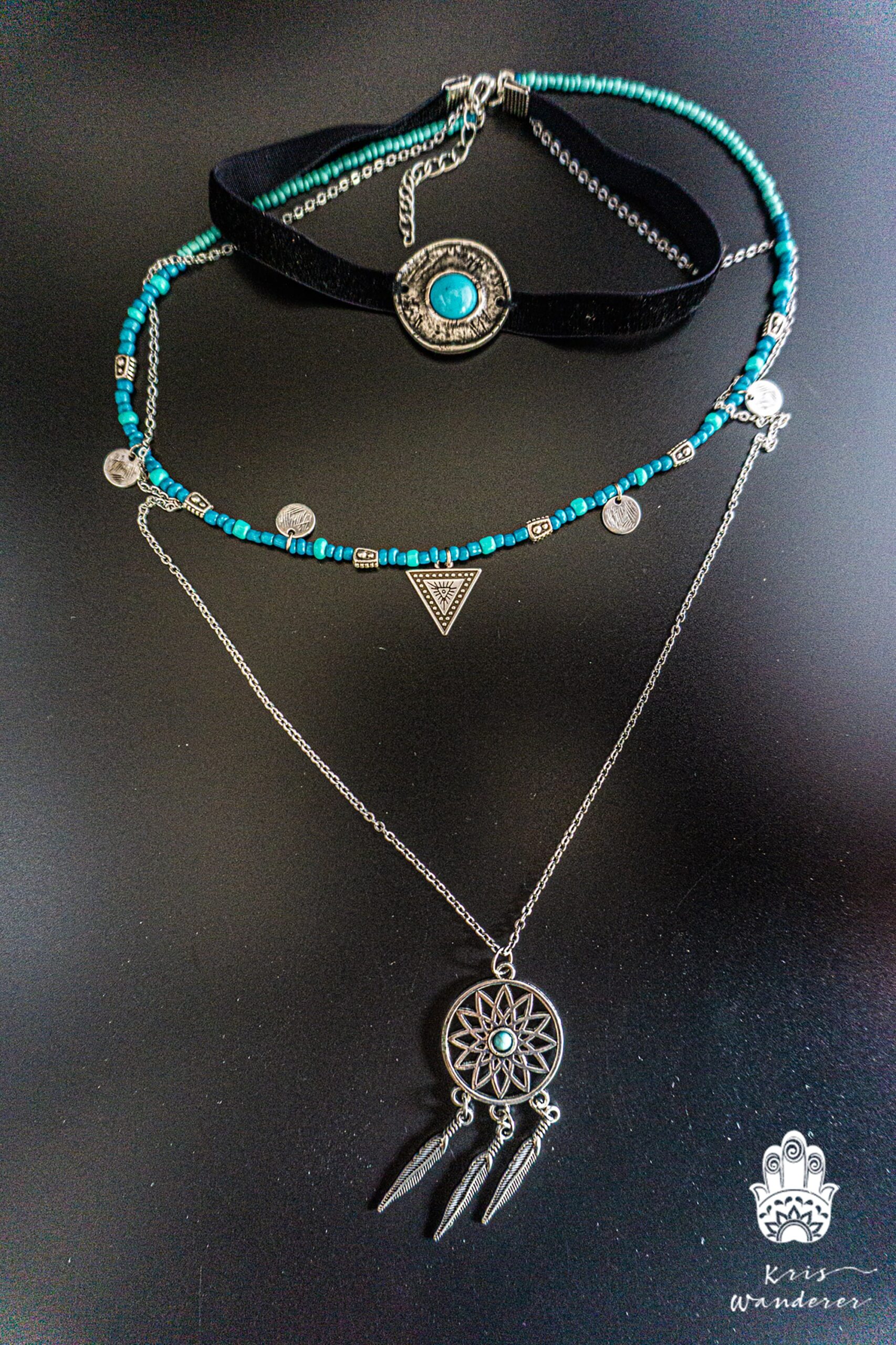 Statement Layered Necklace Set - Boho Chic Choker Necklace - Dream Catcher Long Pendant Necklace - Turquoise Beaded Stacking Necklace- wanderjewellery by kriswanderer