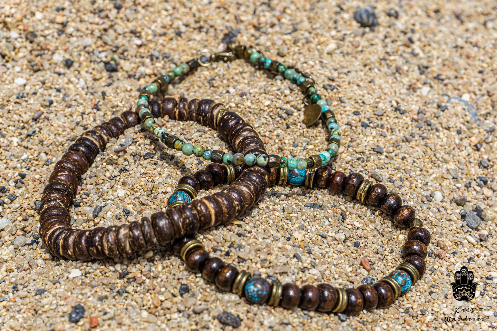 Healing and Change, Sandalwood and African Turquoise 27 Beads Unisex M